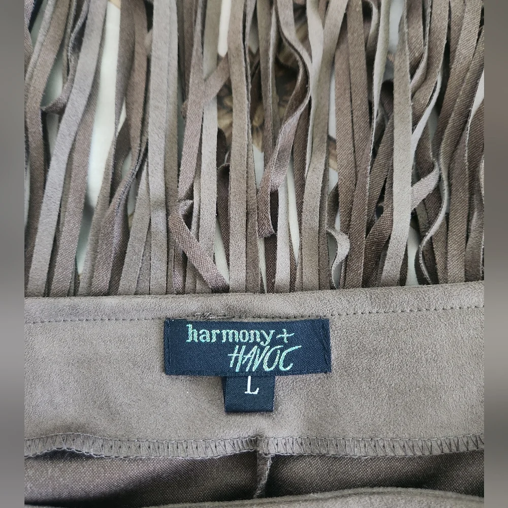 HARMONY & HAVOC Fringe Skirt Size Large Army Green Faux Suede NWT